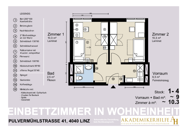 Grundriss | Einbettzimmer in Wohneinheit